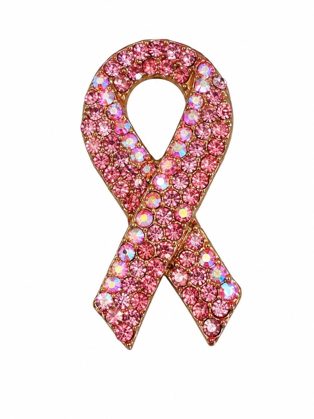 Pink Rhinestone Breast Cancer Awareness Ribbon Brooch Pin Gold Tone